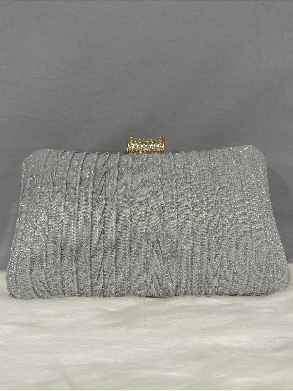 Elegant Silver Evening Clutch Crossbody Bag with Chain in Gold Accents w Dustbag